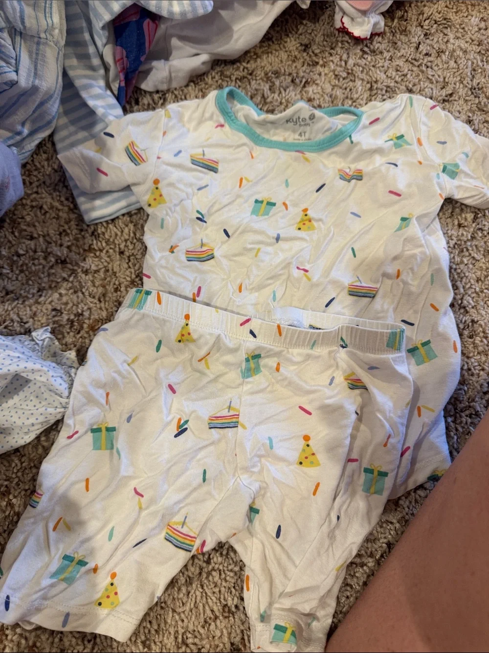 Kids White Birthday Print Pajama Set with Teal Trim